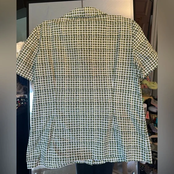Tory Burch White/Green Checkered Button Up Short Sleeve Top - Picture 4 of 8